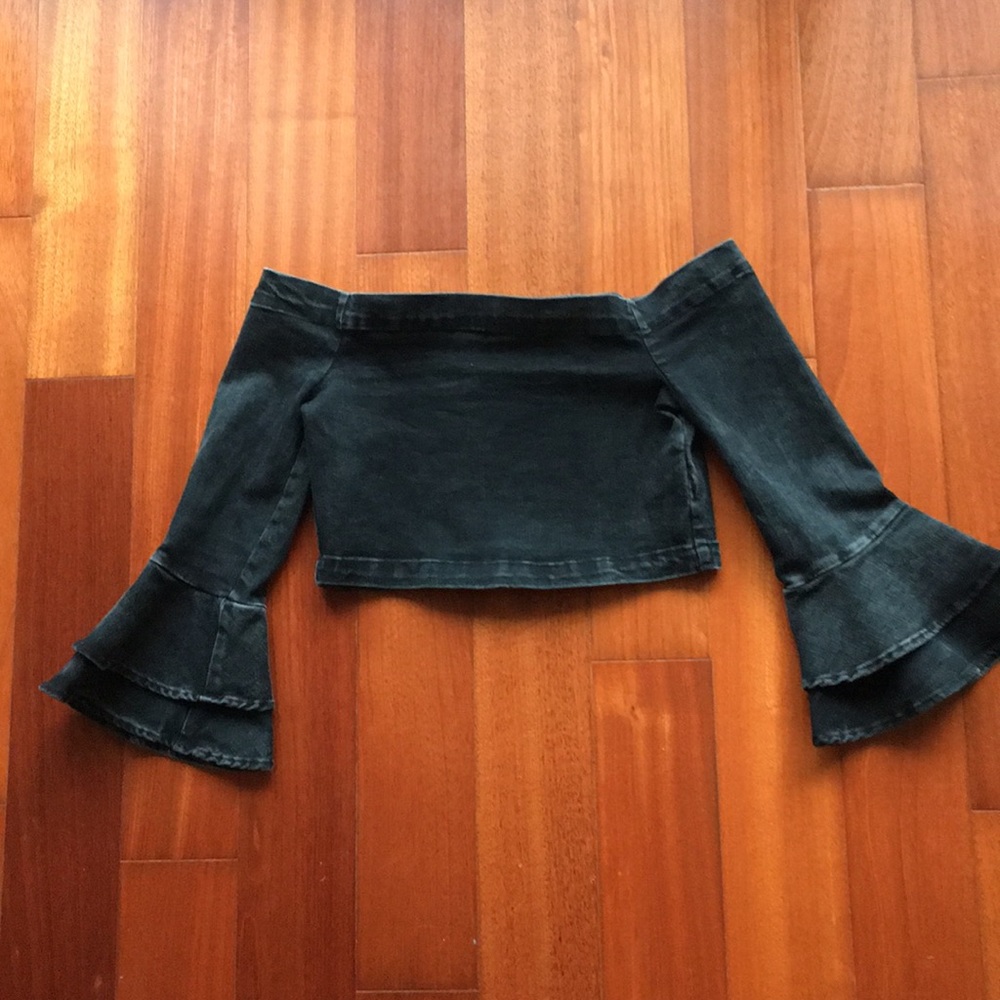 [zara] black denim crop bell sleeves top - Picture 5 of 7
